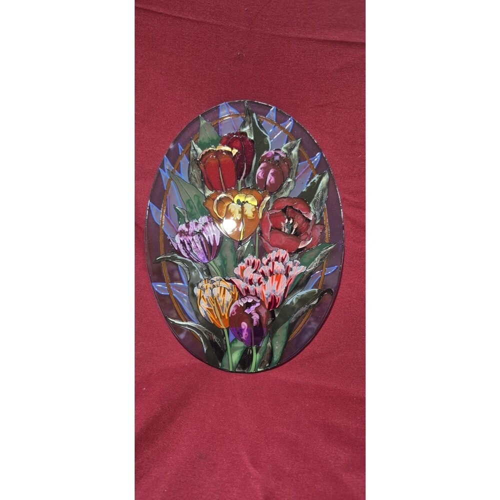 Amia Studios Handpainted Suncatcher Tulips Bright Colors Glass Painting EUC
